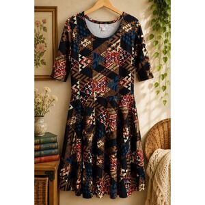 LuLaRoe Nicole Dress 3XL Plus Southwestern Geometric Fit Flare Stretch Midi